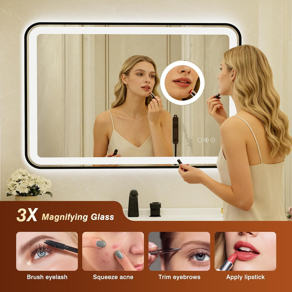 24x36 Inch Black Framed LED Bathroom Mirror with Lights,Magnifying Tempered Glass, Dimmable Lighted Bathroom Vanity Mirror with 3 Colors, Backlit + Frontlit,Anti-Fog