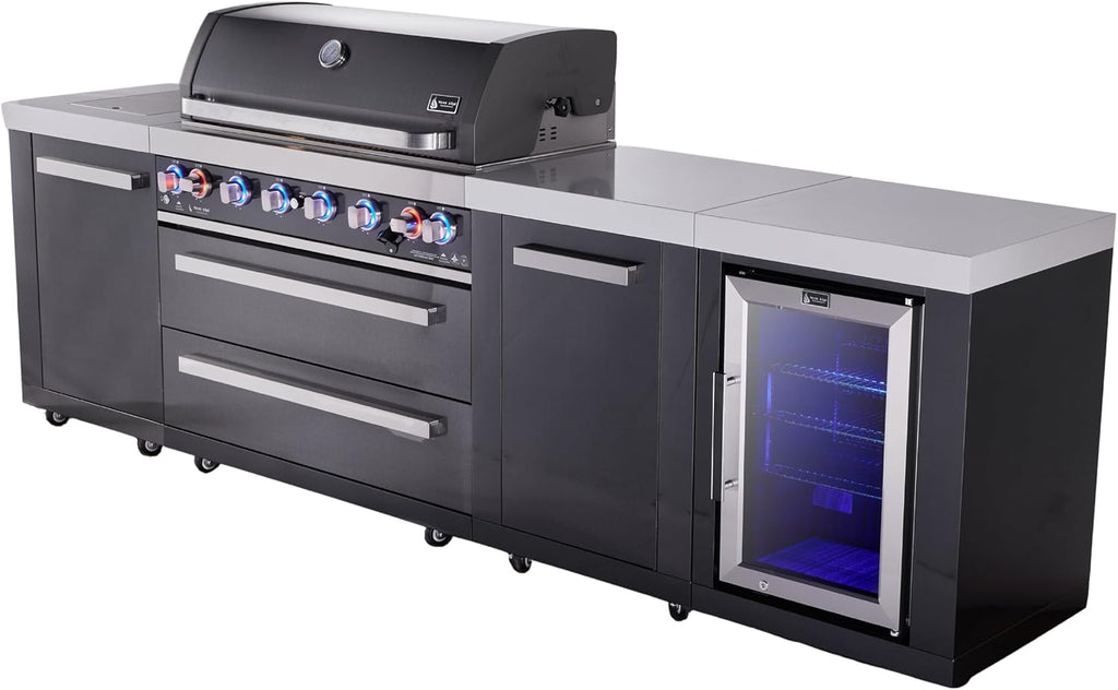 Mont Alpi Premium 119'W x 23'D Black Stainless Steel Outdoor Kitchen Island with Refrigerator + 44'W 6-Burner BBQ Grill + Granite Countertops + Storage Cabinets + Chopping Board + Rotisserie + Cover