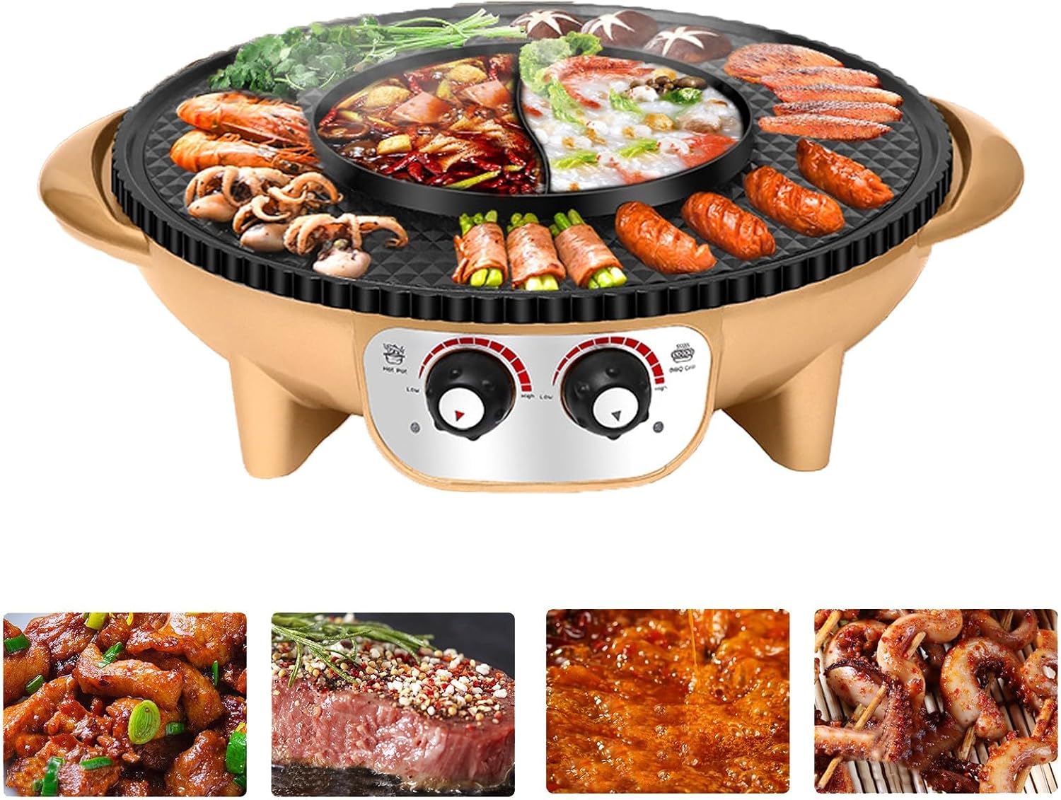 Electric Flat Top Grill, Electric Griddle, Flattop Grills Indoor Safely Washable, Suitable for Frying Grilling Stir Frying(Gold,52 * 44 * 9.5)