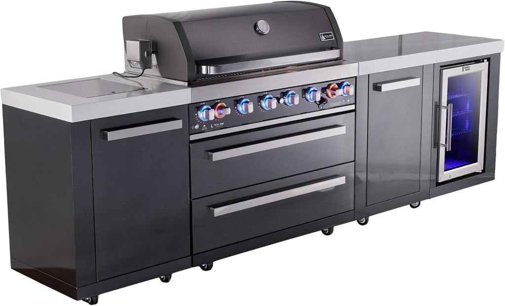 Mont Alpi Premium 119'W x 23'D Black Stainless Steel Outdoor Kitchen Island with Refrigerator + 44'W 6-Burner BBQ Grill + Granite Countertops + Storage Cabinets + Chopping Board + Rotisserie + Cover