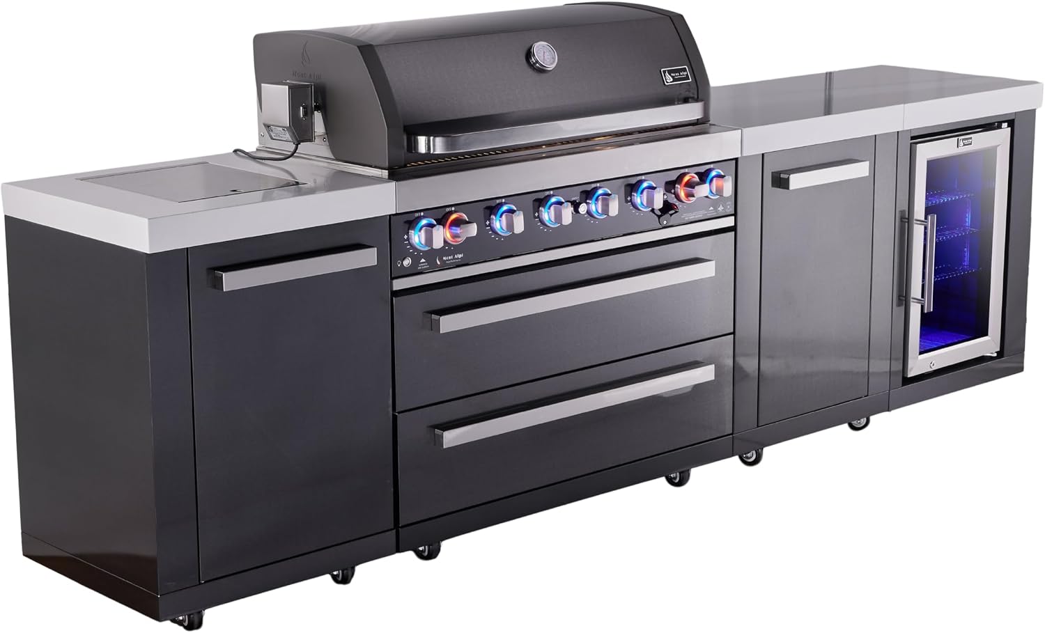 Mont Alpi Premium 119'W x 23'D Black Stainless Steel Outdoor Kitchen Island with Refrigerator + 44'W 6-Burner BBQ Grill + Granite Countertops + Storage Cabinets + Chopping Board + Rotisserie + Cover