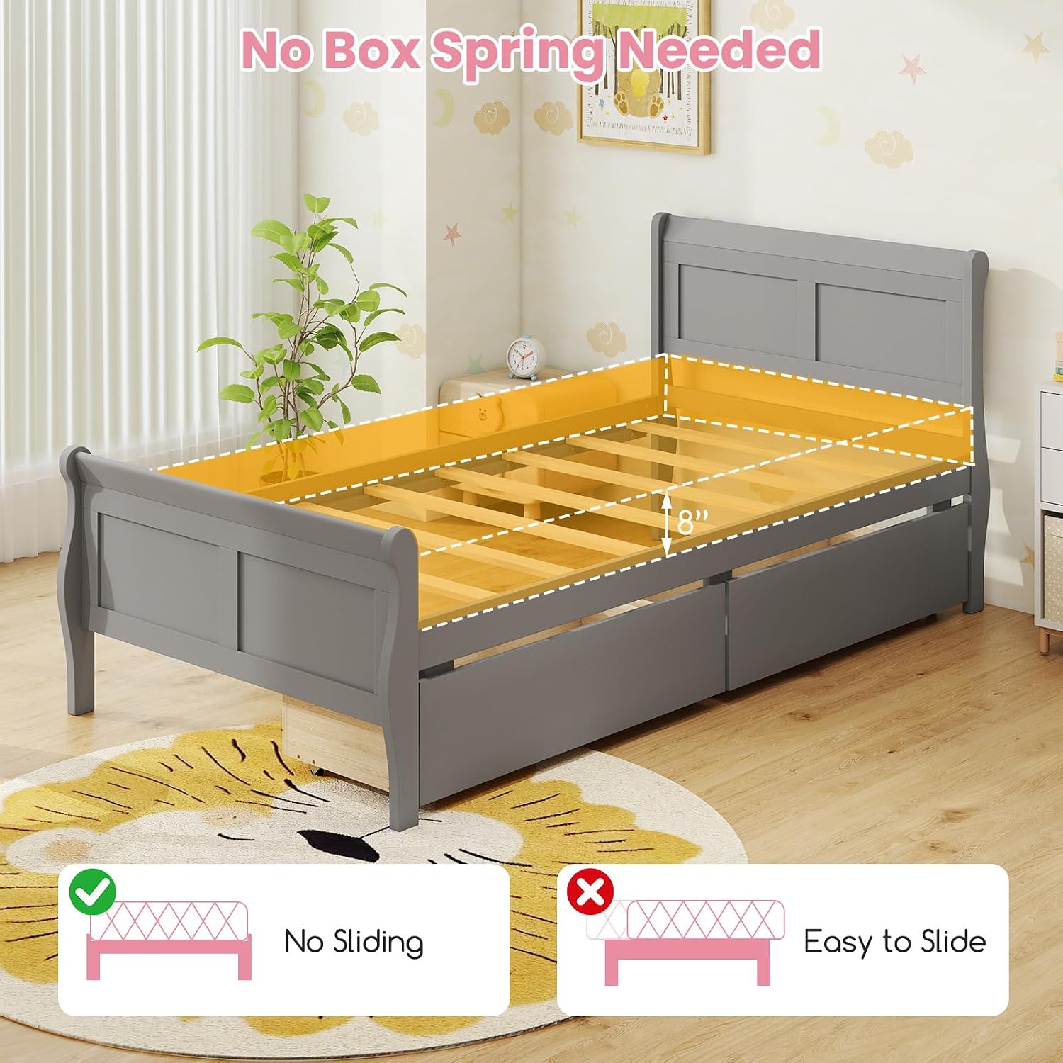 KOMFOTT Twin Bed with 2 Drawers, Twin Storage Bed with Headboard & Footboard, Sleigh Wood Bed Frame with Wooden Slats Support for Kids, Teens, Adults, No Box Spring Needed, Grey