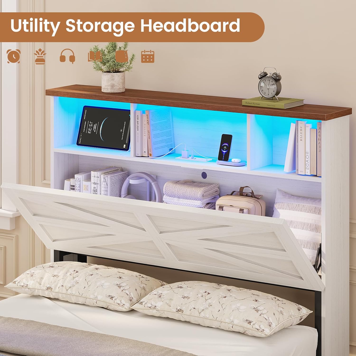 VIAGDO Twin Bed Frames with 5 Drawers, Farmhouse Bed Frame with Barn Door Headboard and Storage, Wood Platform Bed Frame Twin Size with Charging Station and LED Lights, No Box Spring Needed, White