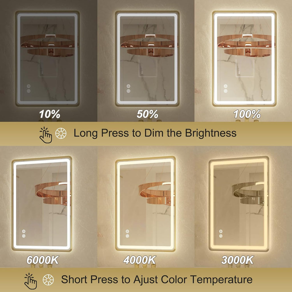 20'x 28' Gold Framed LED Mirrors for Bathroom, Wall Mounted Lighted Bathroom Vanity Mirror, Front and Backlight, Stepless Dimmable, 3 Colors, Anti-Fog, Memory, Smart Touch Button