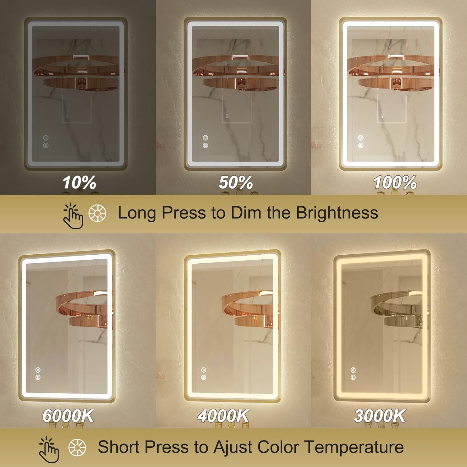 20'x 28' Gold Framed LED Mirrors for Bathroom, Wall Mounted Lighted Bathroom Vanity Mirror, Front and Backlight, Stepless Dimmable, 3 Colors, Anti-Fog, Memory, Smart Touch Button