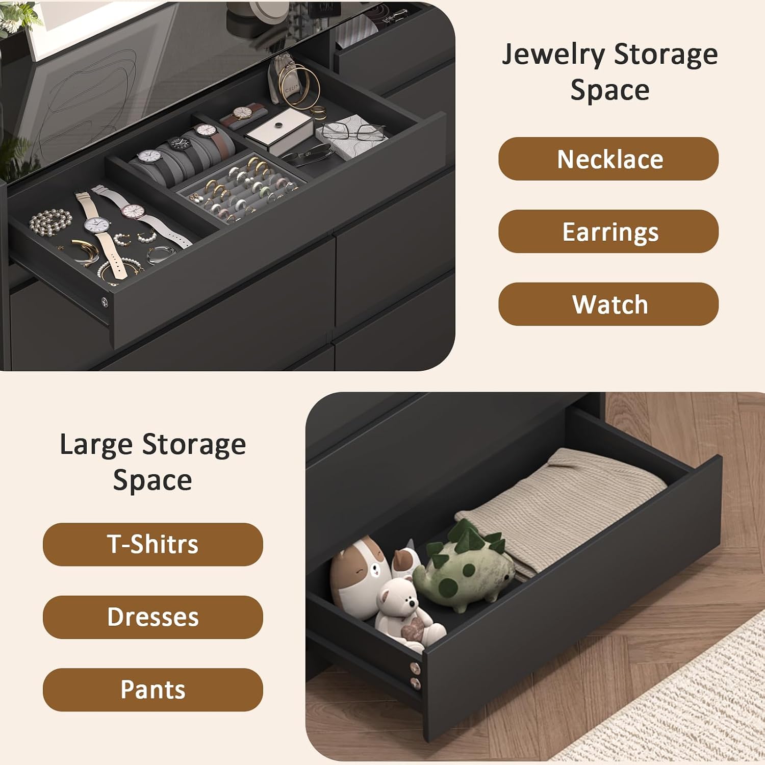 Black 8 Drawer Dresser for Bedroom, Modern Chest of Drawers, Jewelry Dresser Display with Glass Top and LED Light, Dressers Organizer for Bedroom, Closet, Living Room