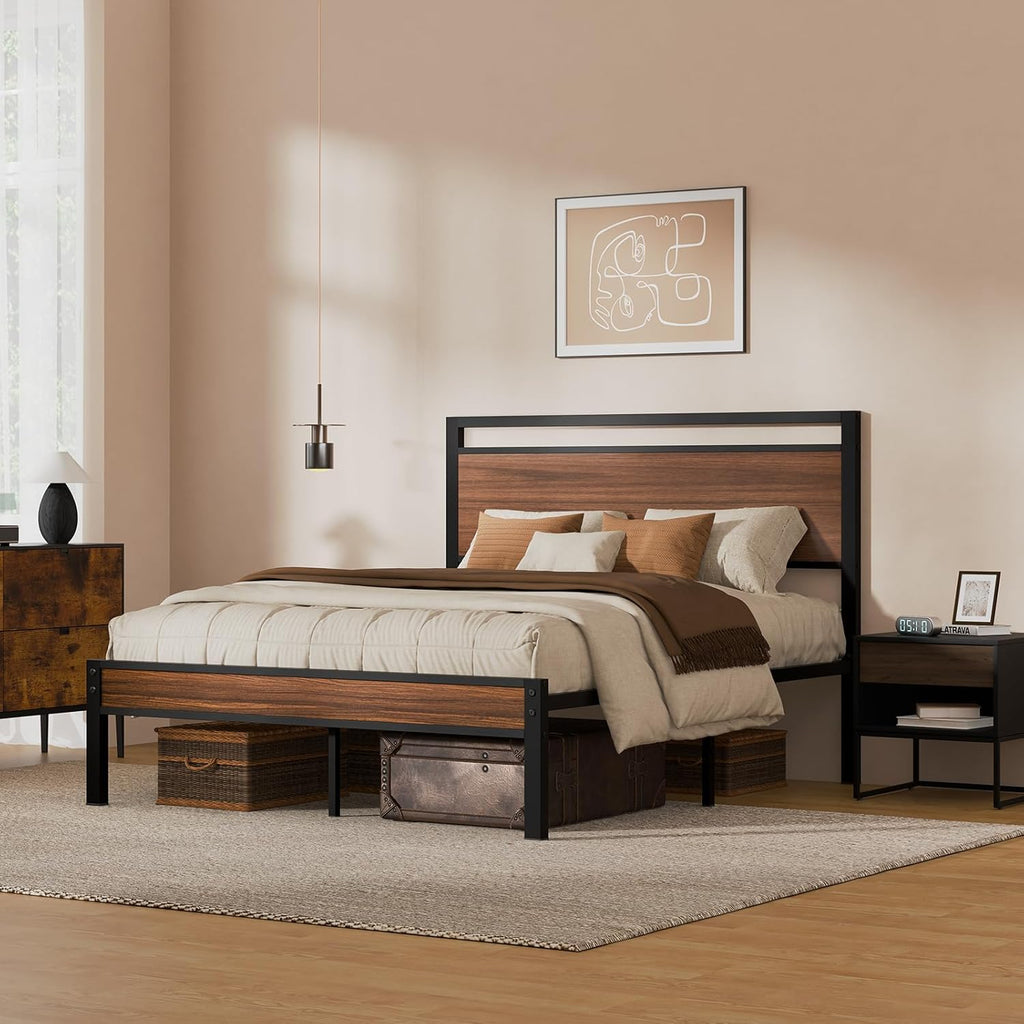 Easy Assembly Queen Bed Frame with Modern Wood Headboard & Footboard, Upgraded Heavy Duty Metal Sturdy Bed Frame Queen Size, Stable Platform Bed Furniture Bed Storage, No Noise, No Box Springs, Walnut