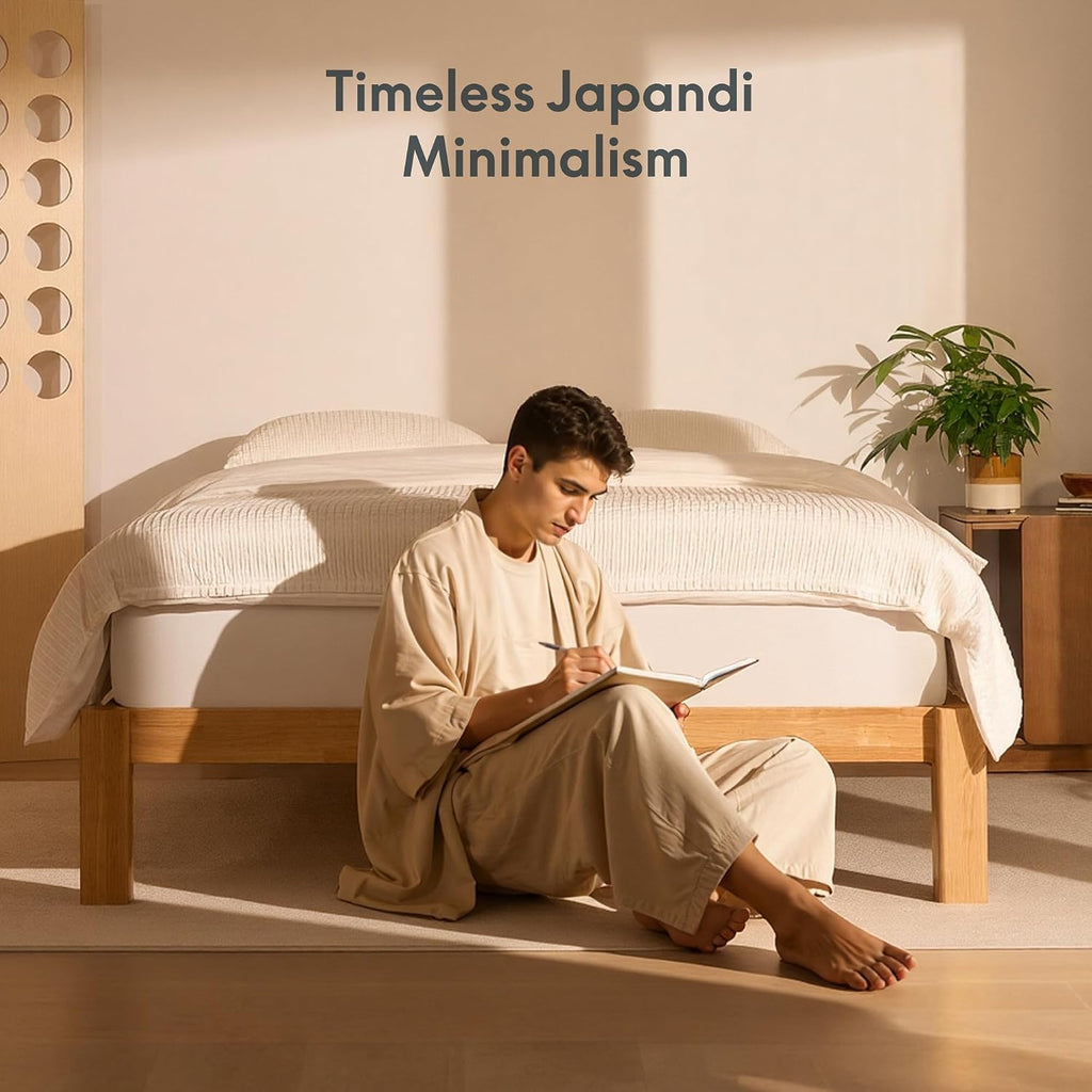 FLEXISPOT Hako G2 Japanese Joinery Bed Frame, Solid Rubberwood Queen Platform Bed, IAS & SGS Certified, Japandi Minimalist Style, Noise-Free, No Tools Assembly, 10-Year Warranty, Natural Oak