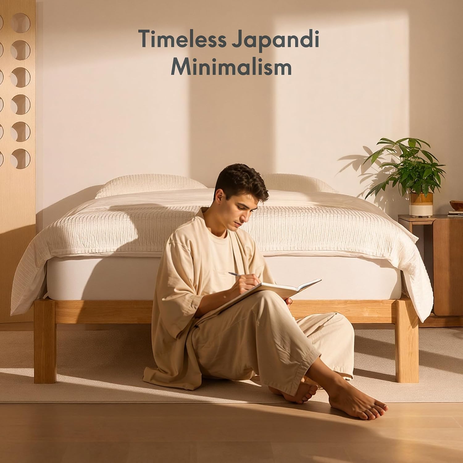 FLEXISPOT Hako G2 Japanese Joinery Bed Frame, Solid Rubberwood Queen Platform Bed, IAS & SGS Certified, Japandi Minimalist Style, Noise-Free, No Tools Assembly, 10-Year Warranty, Natural Oak