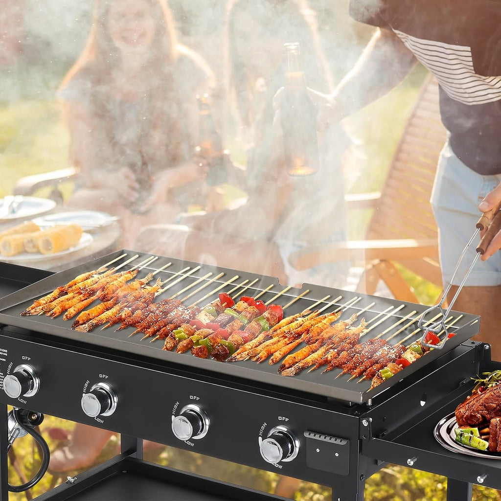 Foldable Flat Top Grill, Portable Outdoor Propane Griddle with 2 Foldable Shelves, 30000/45000/60000 BTU Gas Grill Griddle Cooking Station for BBQ & Outdoor Cooking, Black(4 Burner)