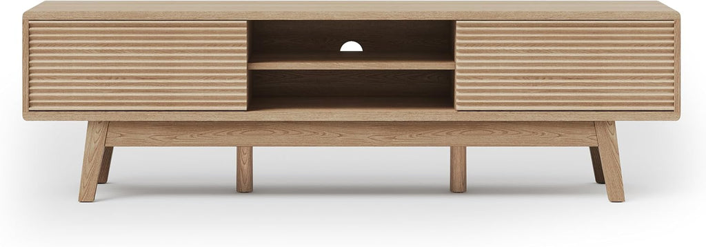 TOLEAD 59' TV Console, Mid Century Modern TV Stand for 55/60/65 Inch TV, Low Profile Media Console with Fluted Sliding Doors, Boho Wood Credenza for Living Room, Oak