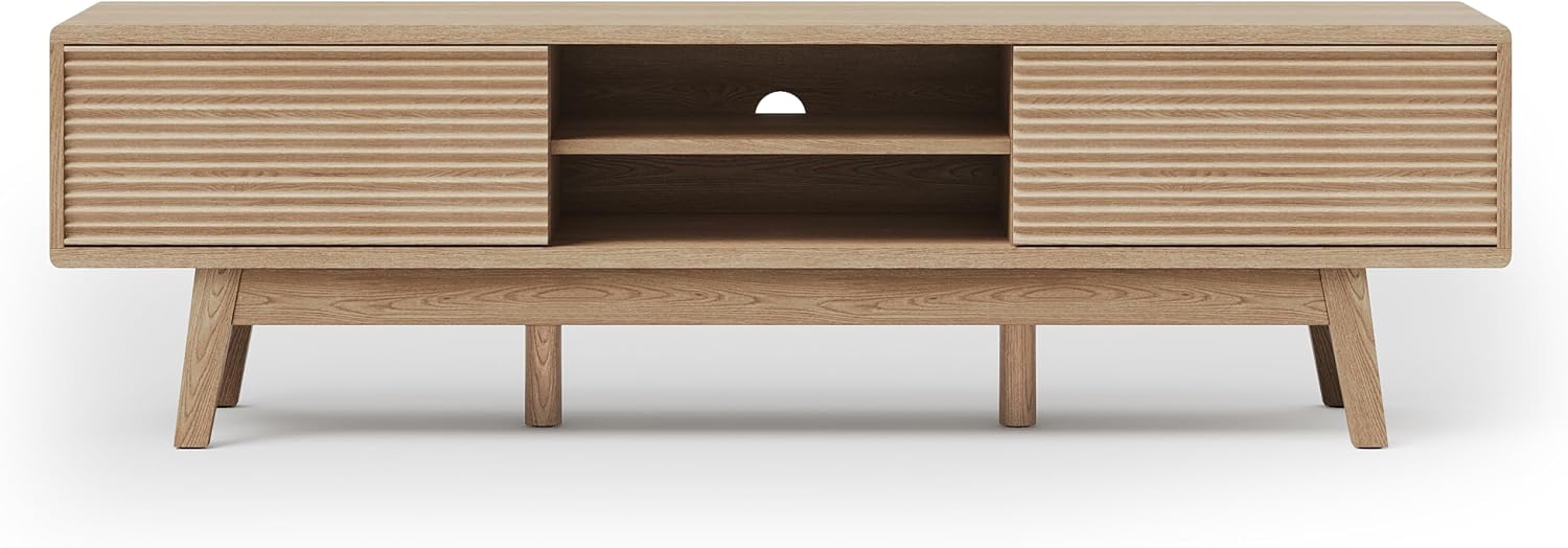 TOLEAD 59' TV Console, Mid Century Modern TV Stand for 55/60/65 Inch TV, Low Profile Media Console with Fluted Sliding Doors, Boho Wood Credenza for Living Room, Oak