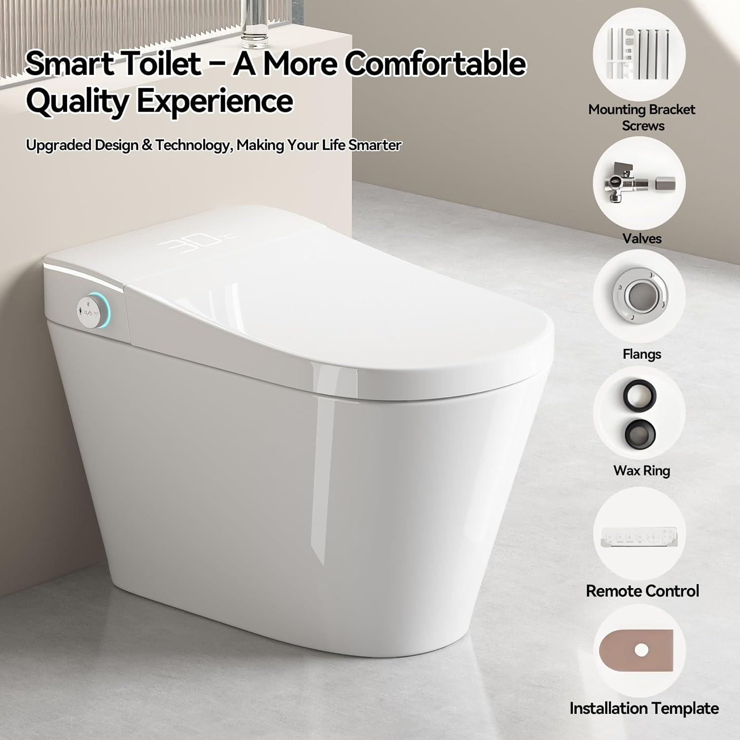 Smart Toilet,One Piece Toilet with Bidet Built In,Dryer & Warm Water - Ceramic Toilet with Sensing Distance, Auto Open/Close Seat,White