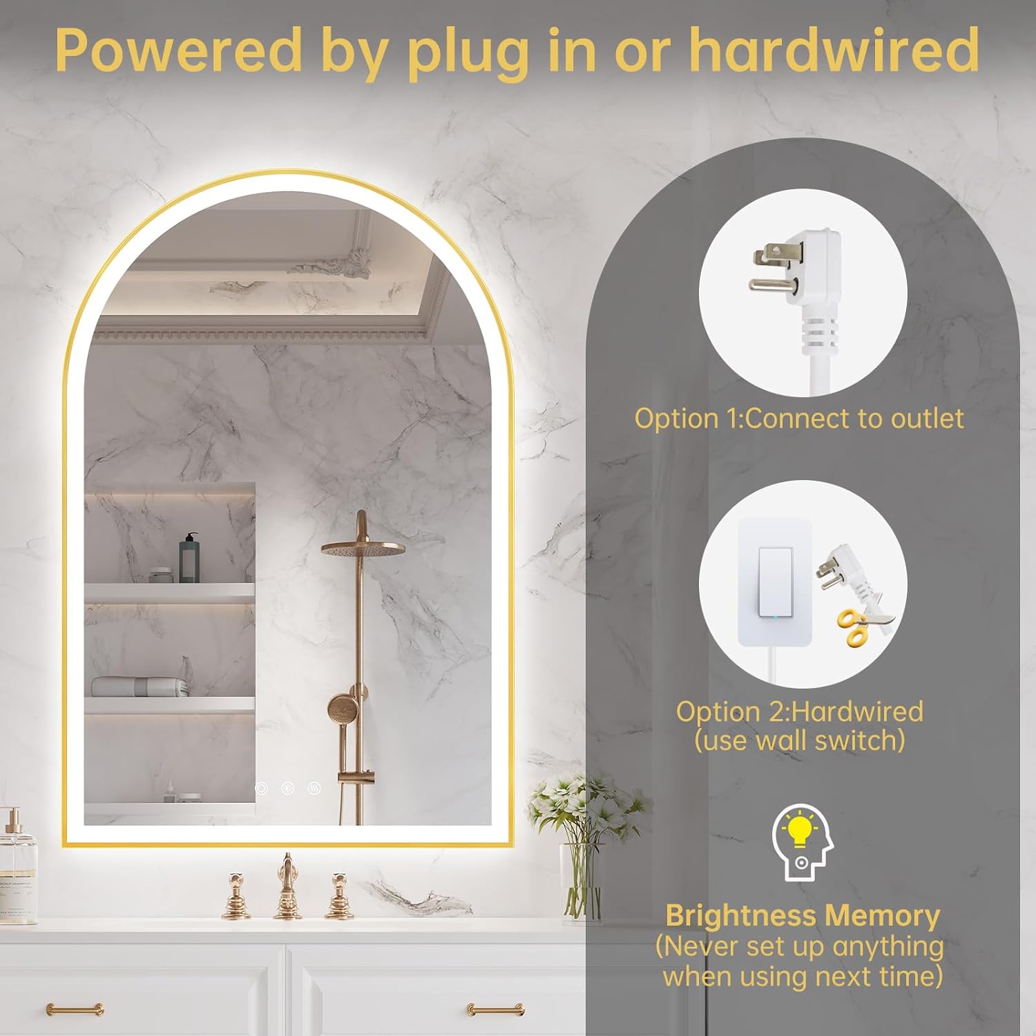 24'x36' Arched LED Mirror for Bathroom, Brushed Gold Lighted Bathroom Mirror with Lights, Fogless, Dimmable, Shatterproof, Touch Sensor, 3 Color Changing