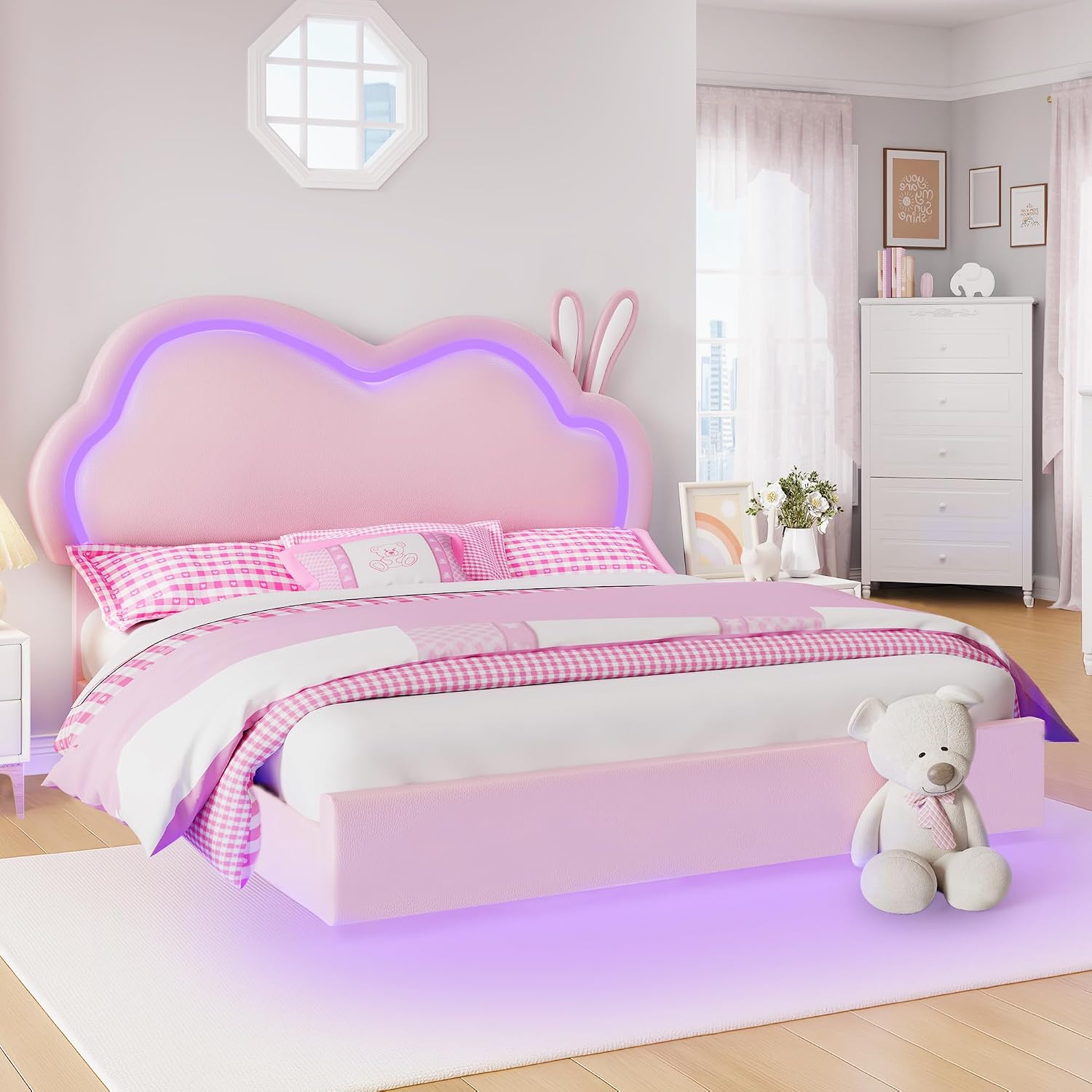 Jocisland Full Size Floating Bed Frame, Faux Leather Upholstered Platform Bed with LED Lights, Adjustable Cloud Headboard, No Box Spring Needed, Pink | Bunny Ears Design