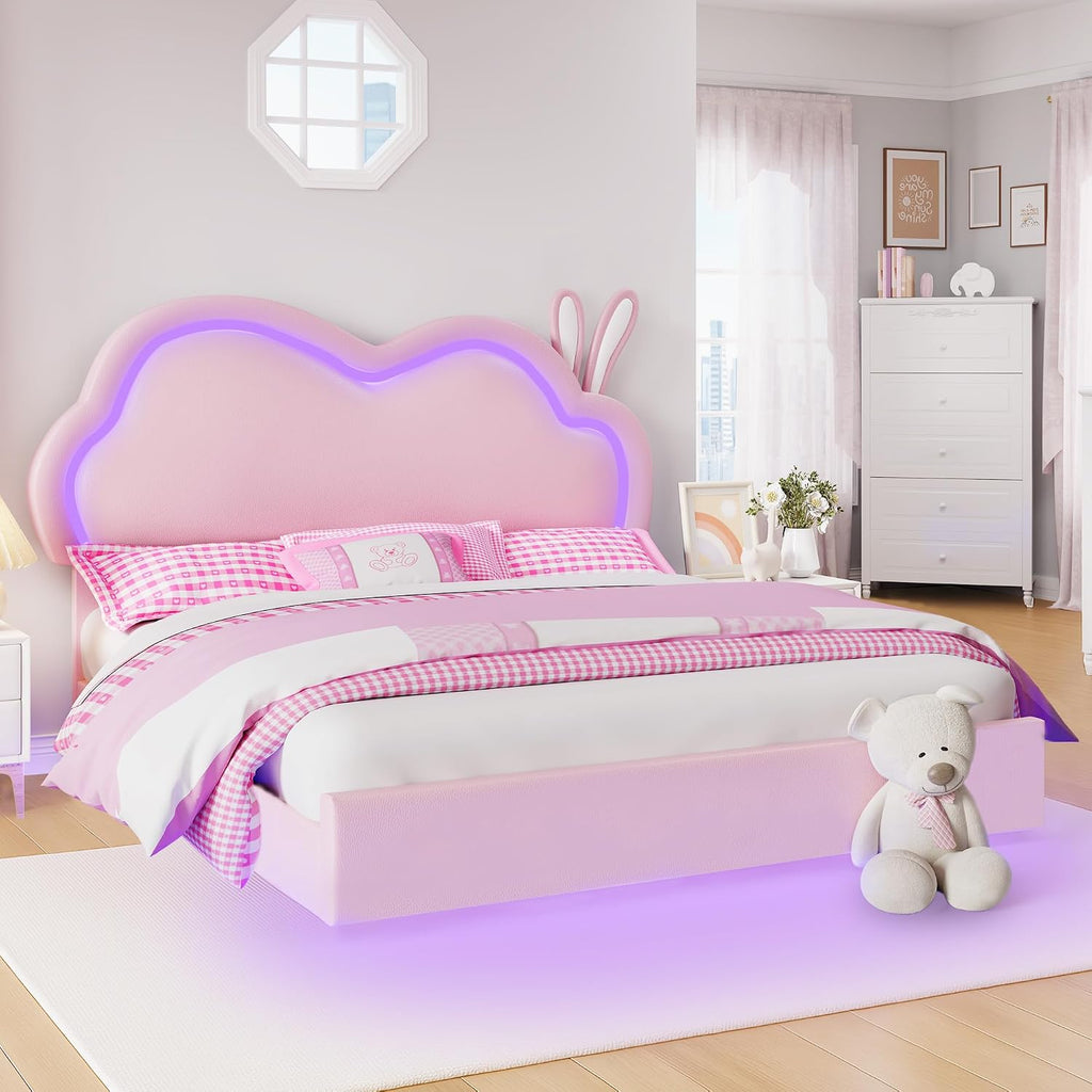 Jocisland Queen Size Floating Bed Frame, Faux Leather Upholstered Platform Bed with LED Lights, Adjustable Cloud Headboard, No Box Spring Needed, Pink | Bunny Ears Design