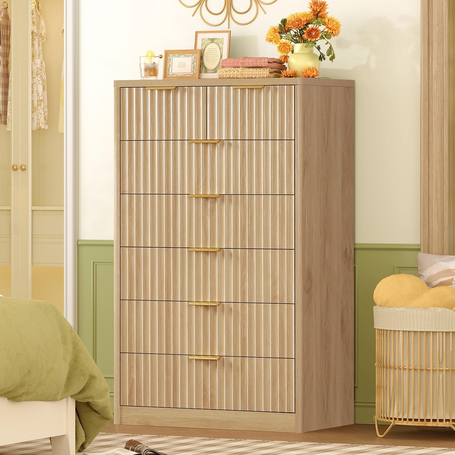 TEENFON 48' Tall Dresser for Bedroom with 7 Drawers, Dressers & Chests of Drawers with Metal Handle, Fluted Dresser, Wood Closet Clothes Storage Organizer for Bedroom, Hallway, Natural