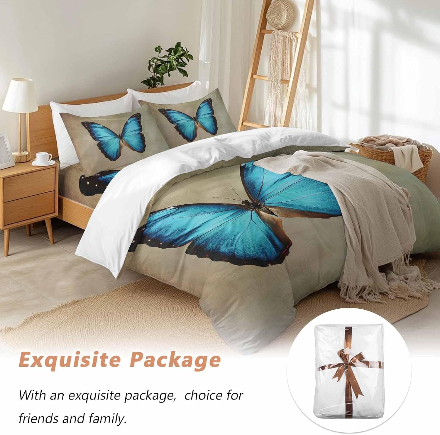 Prime Leader Blue Butterfly Duvet Cover Set Queen Size 4 Pieces Vintage Brown Retro Bug Farm Bedding Set with Zipper Closure, 1 Comforter Cover 92x106 Inches 1 Flat Sheet & 2 Pillow Cases