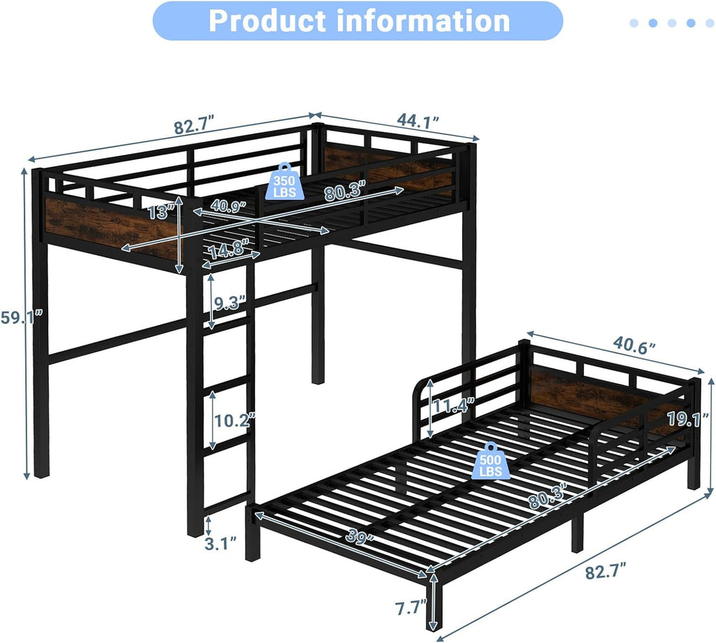 Twin XL Over Twin XL Bunk Bed, Convertible Metal Bunk Beds Can Separate into Loft Bed and Platform Bed, Heavy Duty Noise-Free Bed Frame with Safety Rails for Adults Teens Kids, Black