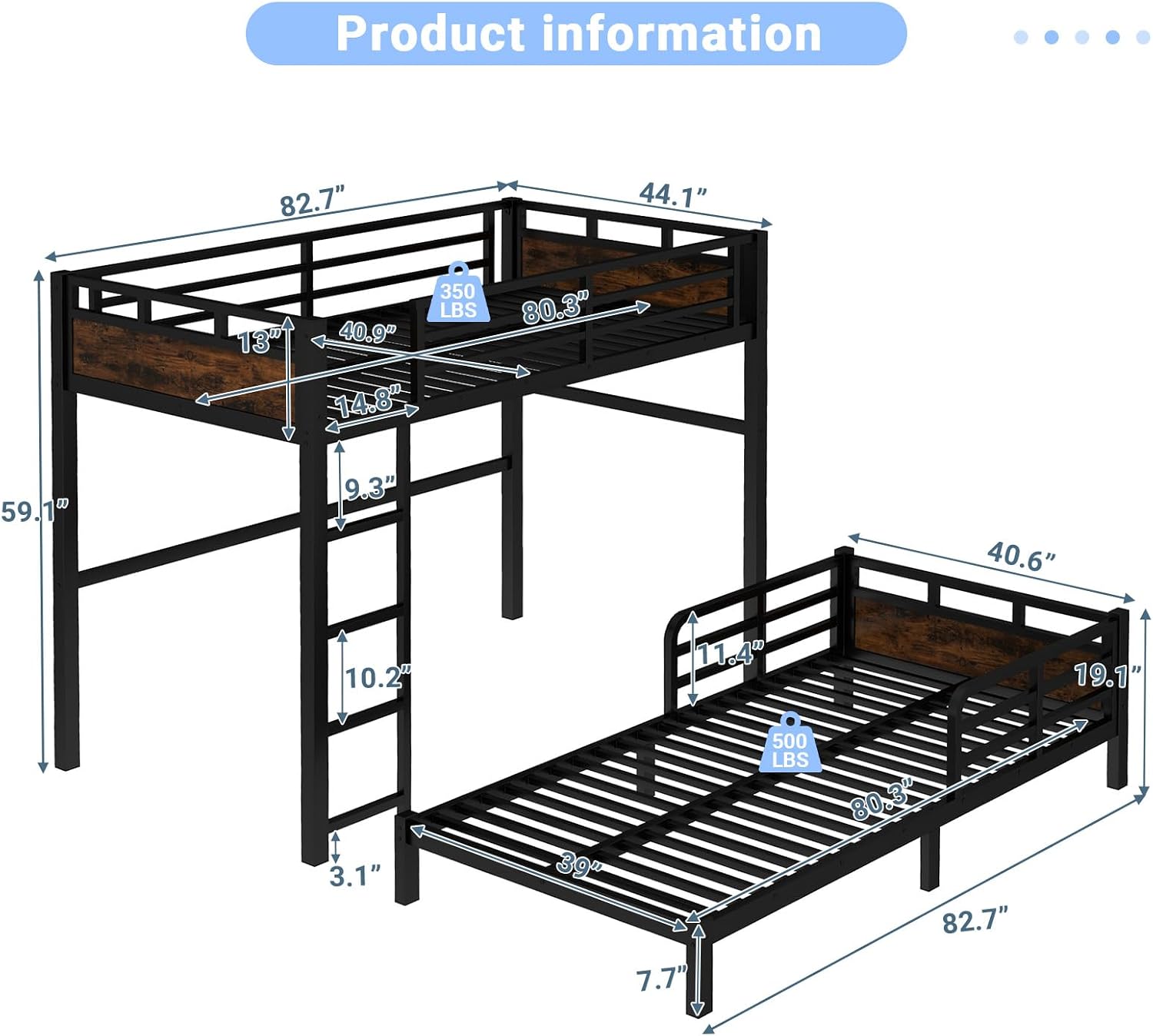 Twin XL Over Twin XL Bunk Bed, Convertible Metal Bunk Beds Can Separate into Loft Bed and Platform Bed, Heavy Duty Noise-Free Bed Frame with Safety Rails for Adults Teens Kids, Black