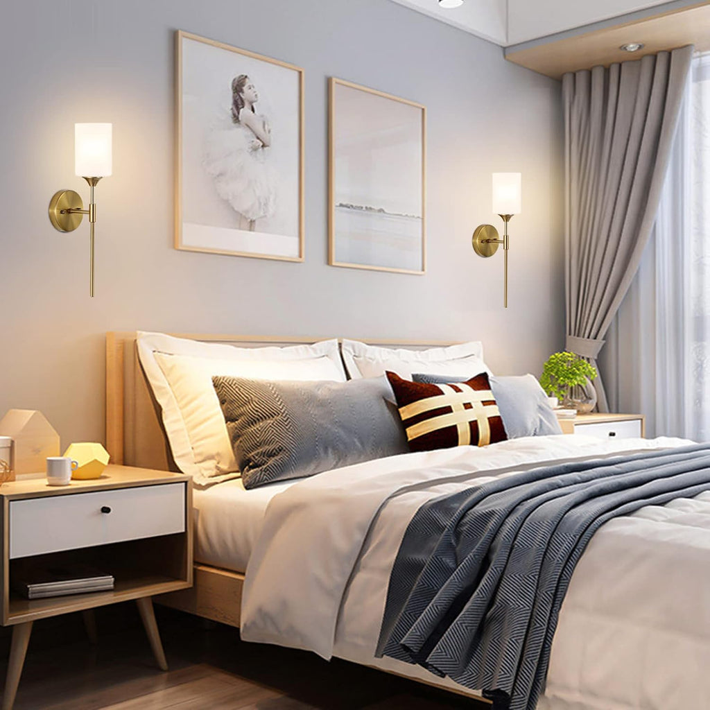 BYOLIIMA Gold Wall Sconce Set of 2 with White Cylinder Glass Shades Modern Mid Century Bathroom Vanity Wall Light Fixtures Industrial Brushed Brass Wall Lamp for Bedroom Mirror Living Room Restaurant