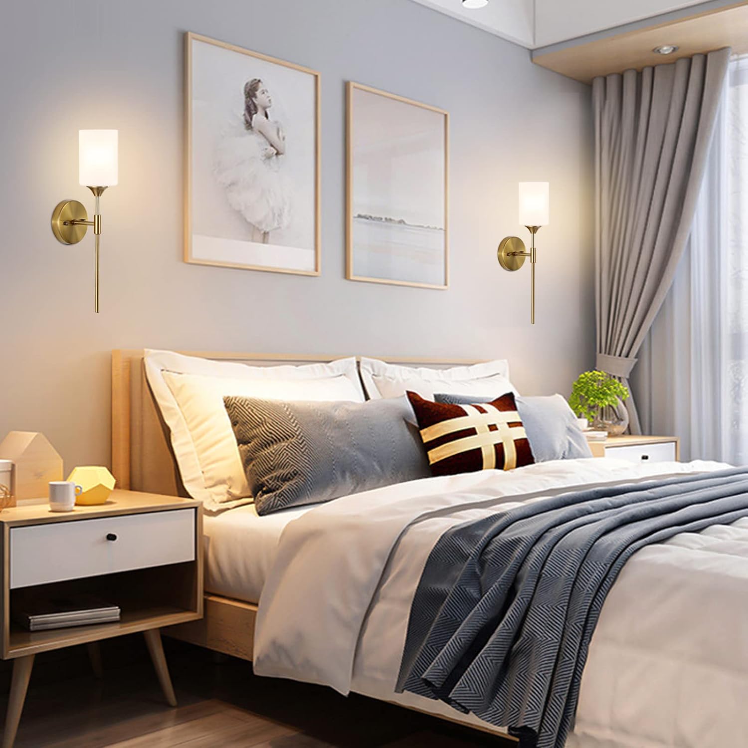 BYOLIIMA Gold Wall Sconce Set of 2 with White Cylinder Glass Shades Modern Mid Century Bathroom Vanity Wall Light Fixtures Industrial Brushed Brass Wall Lamp for Bedroom Mirror Living Room Restaurant
