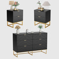 Anbuy Morden 3 Pieces Bedroom Sets, 6 Drawer Dresser and Nightstand Sets for Bedroom, Night Stand Set of 2 & 6 Drawer Dresser with Gold Handles, Morden Wood Chest of Drawers Storage Cabinet Set, Black