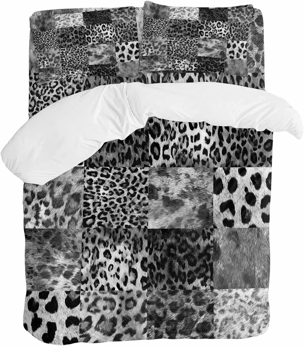 Vintage Black Leopard Duvet Cover Set Queen Size 4 Pieces Animal Print Patchwork Style Art Painting Bedding Set with Zipper Closure, 1 Comforter Cover 92x106 Inches 1 Flat Sheet & 2 Pillow Cases