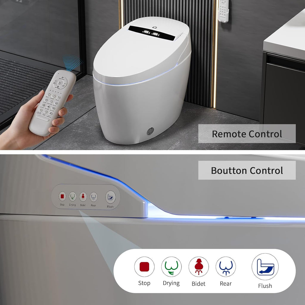 Modern Smart Toilet, One-Piece Elongated with Built-in Bidet, Heated Seat, Foot Sensor Flushing, Warm Air Dryer, Remote Control for Lid Open/Close
