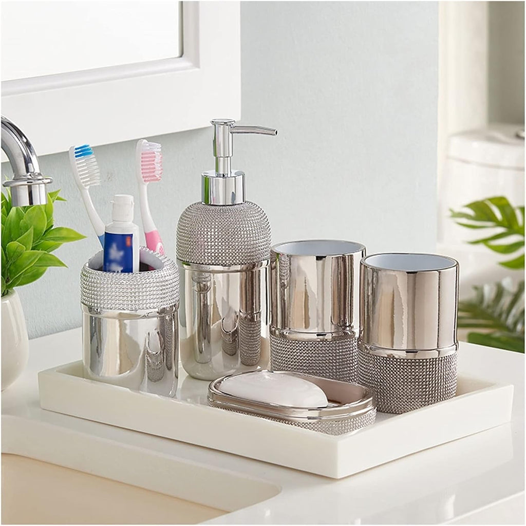 Soap Dispenser Gold Bathroom Accessories Set 6 Piece Resin Bath Accessory Sets Complete Soap Dispenser Toothbrush Holders Tumbler Soap Dish and Ceramic Tray Liquid Dispenser for Bathroom(Silver)