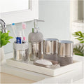 Soap Dispenser Gold Bathroom Accessories Set 6 Piece Resin Bath Accessory Sets Complete Soap Dispenser Toothbrush Holders Tumbler Soap Dish and Ceramic Tray Liquid Dispenser for Bathroom(Silver)