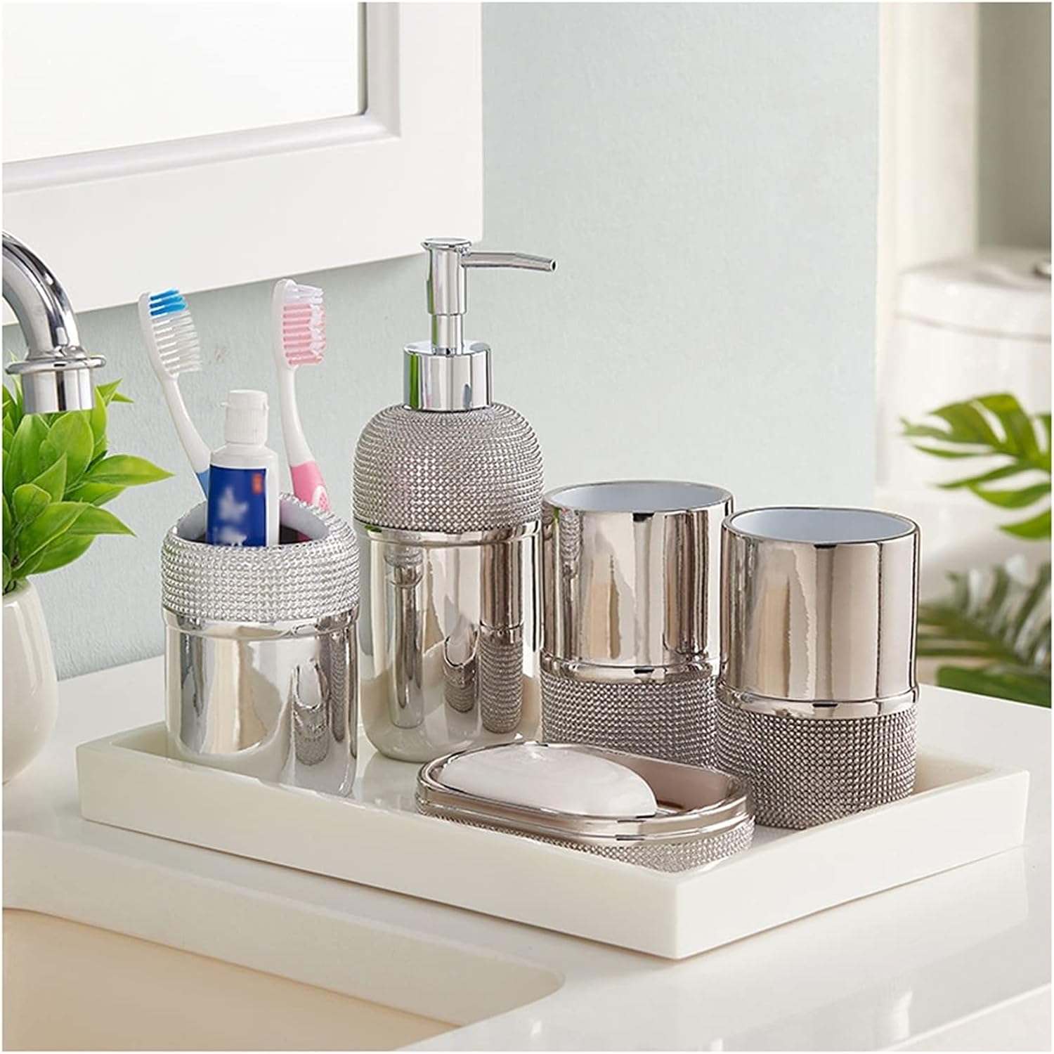 Soap Dispenser Gold Bathroom Accessories Set 6 Piece Resin Bath Accessory Sets Complete Soap Dispenser Toothbrush Holders Tumbler Soap Dish and Ceramic Tray Liquid Dispenser for Bathroom(Silver)
