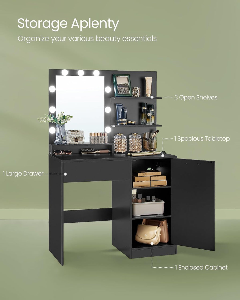 VASAGLE Kailyn Collection - Vanity Desk with Power Outlets and LED Lights, 35.4-Inch Wide Makeup Table with Mirror, Drawer and Cabinet, for Bedroom, Ink Black URDT128C01S