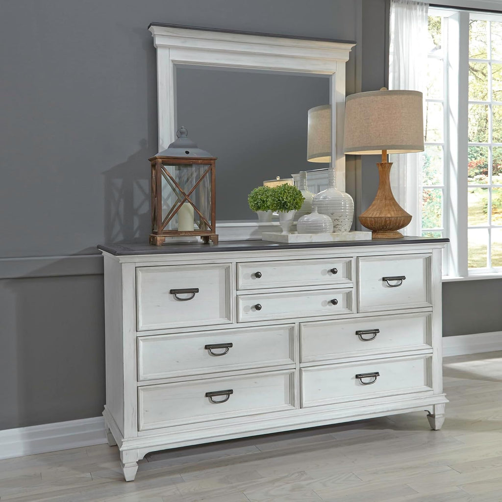 Liberty Furniture Allyson Park King Panel Bed, Dresser & Mirror, Night Stand Cottage Bedroom Furniture Set - Wirebrushed White w/Charcoal Tops