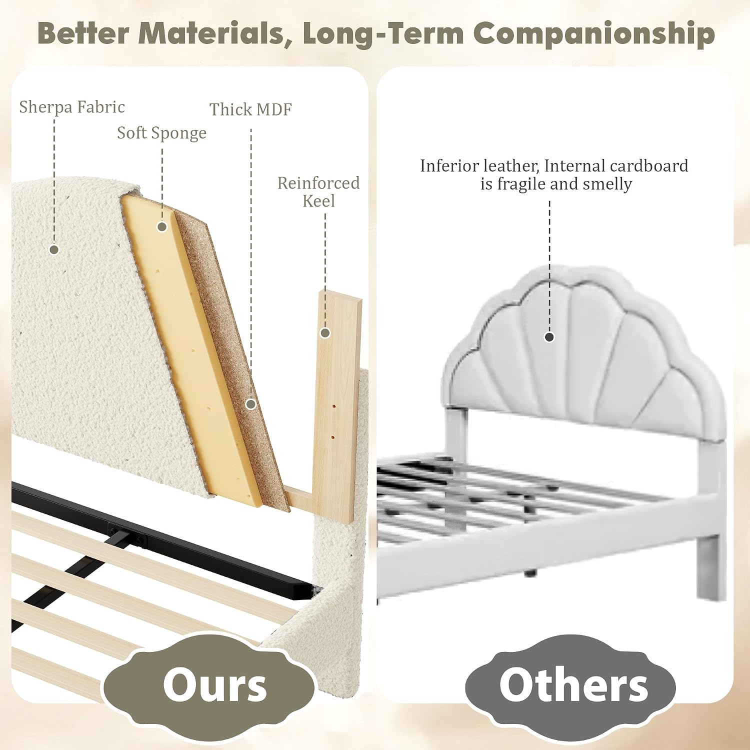 GarveeHome Queen Size Bed Frame with Upholstered Headboard, Soft Low Profile Sturdy Platform Bed with Rounded Corners Design, Heavy Duty, Wooden Slats, Noise Free, No Box Spring Needed, Beige
