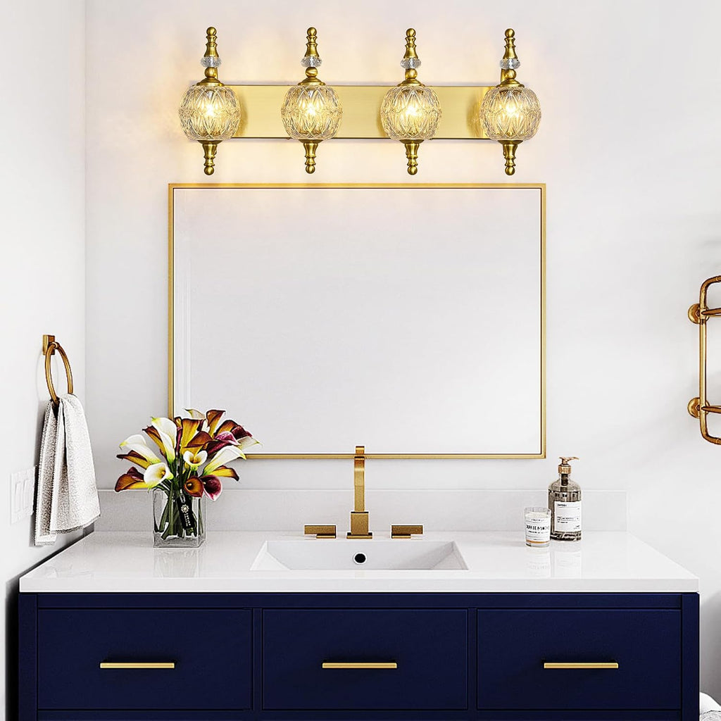 Modern Crystal Bathroom Vanity Lights Fixtures Over Mirror Gold Vintage 4-Lights 28 Inch Bathroom Light Fixtures Glass Crystal Vanity Lights