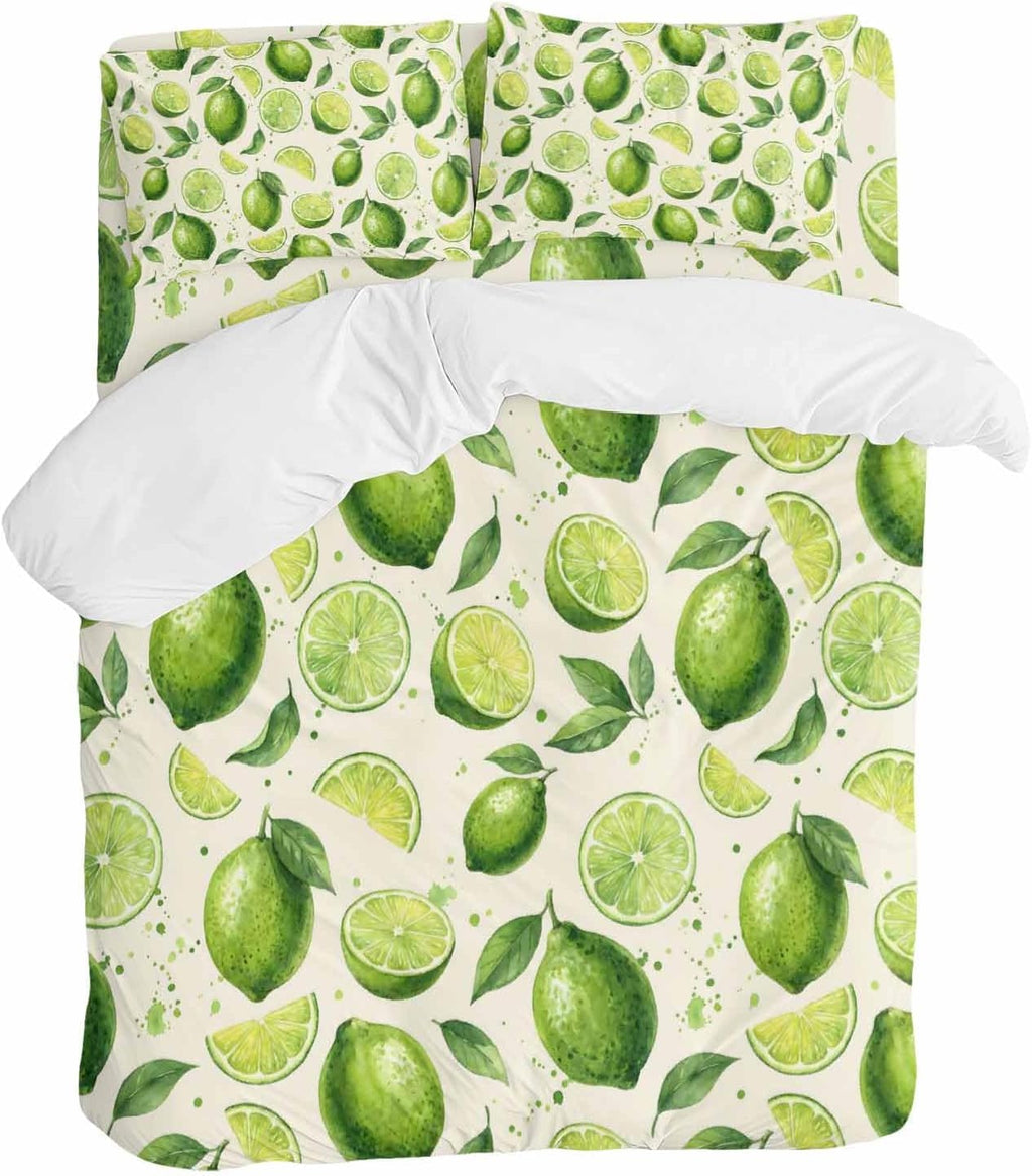 Summer Fruit Duvet Cover Set Queen Size 4 Pieces Watercolor Green Lemon Lime Slice Leaf Rustic Bedding Set with Zipper Closure, 1 Comforter Cover 92x106 Inches 1 Flat Sheet & 2 Pillow Cases