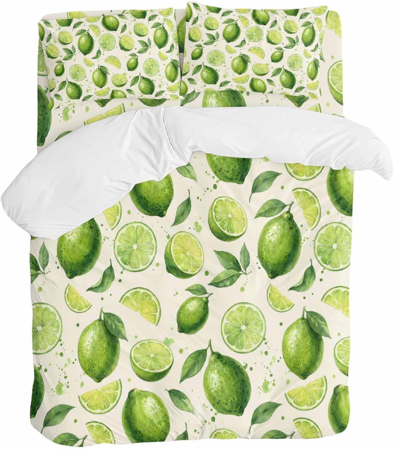 Summer Fruit Duvet Cover Set Queen Size 4 Pieces Watercolor Green Lemon Lime Slice Leaf Rustic Bedding Set with Zipper Closure, 1 Comforter Cover 92x106 Inches 1 Flat Sheet & 2 Pillow Cases