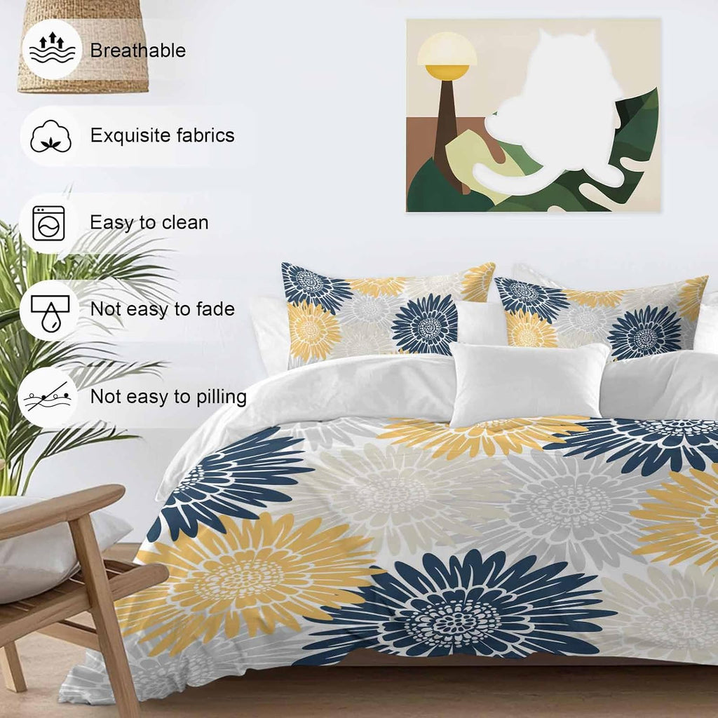 Navy Blue Gray Yellow Sunflowers Duvet Cover Set Queen Size 4 Pieces Abstract Blooming Floral Bedding Set with Zipper Closure, 1 Comforter Cover 92x106 Inches 1 Flat Sheet & 2 Pillow Cases