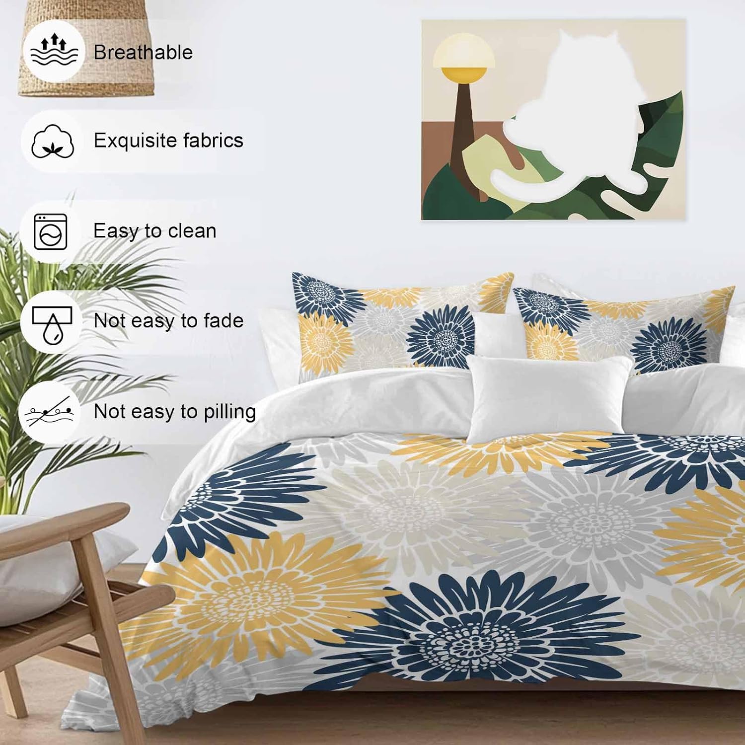 Navy Blue Gray Yellow Sunflowers Duvet Cover Set Queen Size 4 Pieces Abstract Blooming Floral Bedding Set with Zipper Closure, 1 Comforter Cover 92x106 Inches 1 Flat Sheet & 2 Pillow Cases