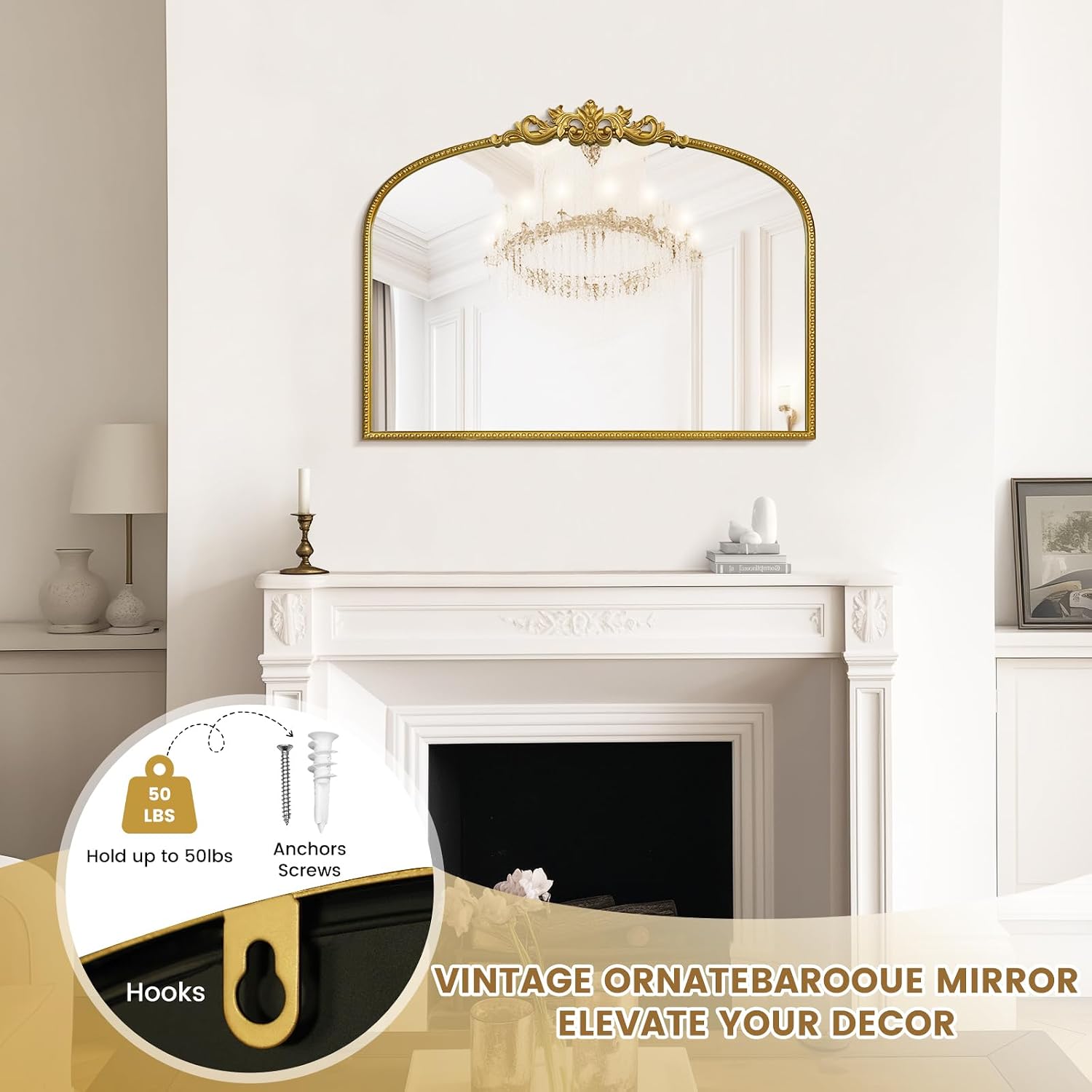WallBeyond Gold Vintage Mirror for Vanity 32x24 Inch, Gold Antique Mirror with Ornate Frame, Arched Vintage Wall for Bathroom, Living Room, Fireplace, Entryway