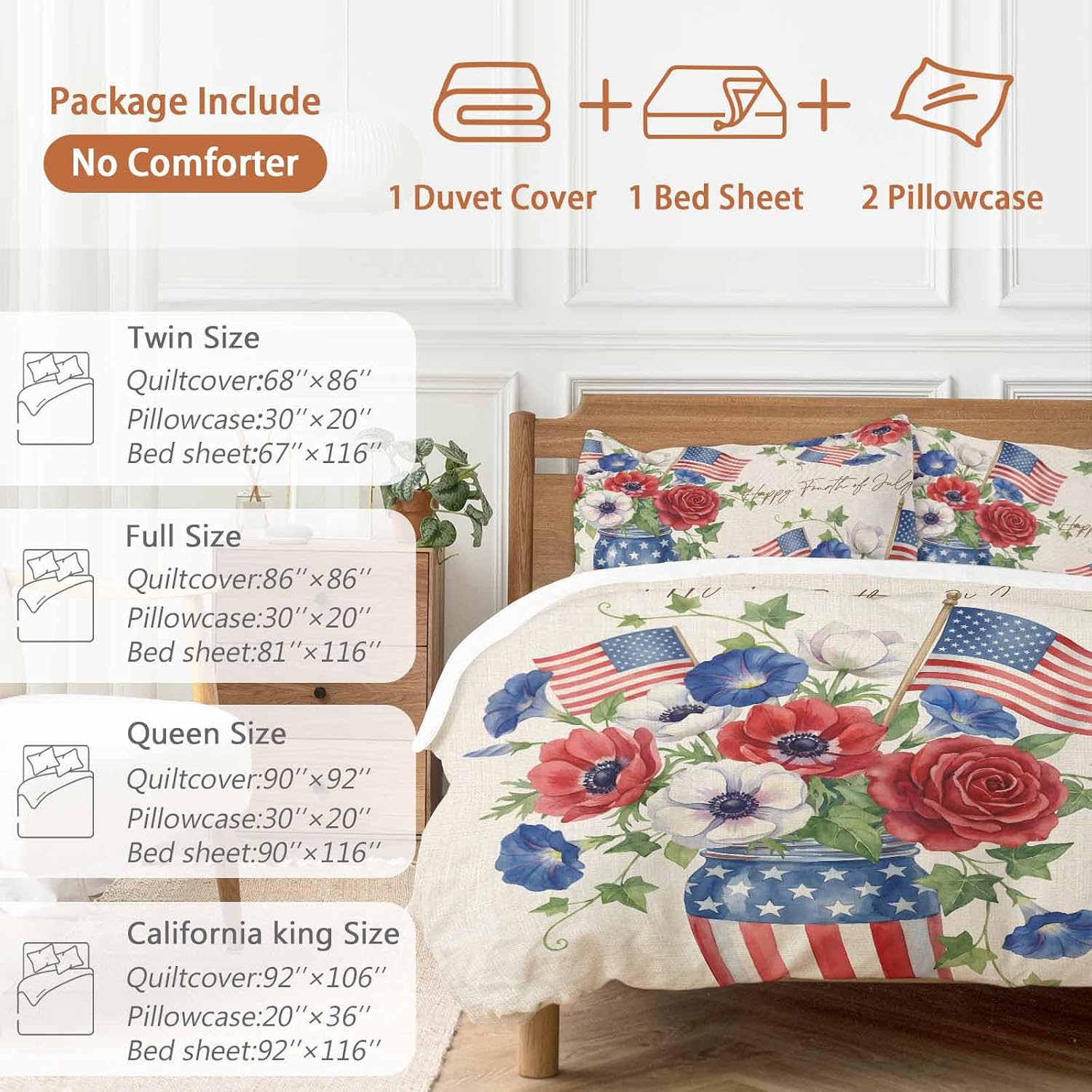 Happy Independence Day Duvet Cover Set Queen Size 4 Pieces U. S. Flag Flowers White Five-Pointed Stars Bedding Set with Zipper Closure, 1 Comforter Cover 86x86 Inches 1 Flat Sheet & 2 Pillow Cases