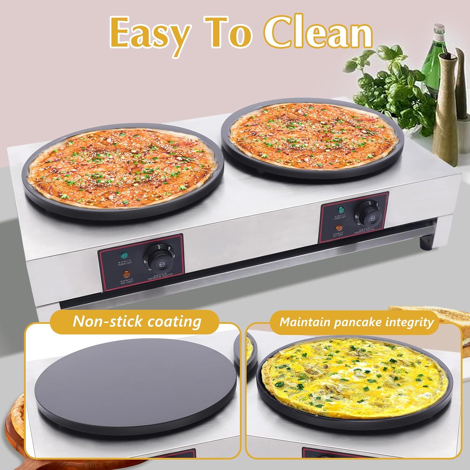 Crepe Maker, Commercial Electric Crepe Maker Machine, Non-Stick Electric Burner Griddle, 2-Burner Crepe-Making Table Stove, 110v Pancake Baking Machine, Kitchen Pancake Rake