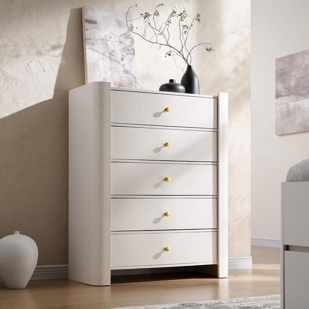 IFGET Modern 5 Drawer Dresser for Bedroom, Wooden Chest of Drawers with Curved Profile Design, 39.6' Tall Wood Dresser with Golden Metal Handle for Bedroom, Living Room, Hallway-White