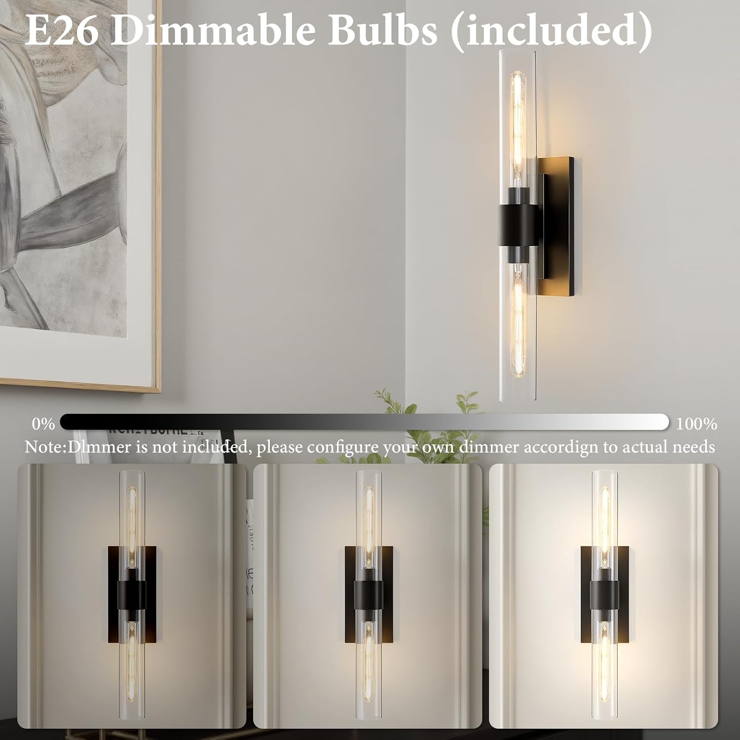 Black Brass Bathroom Wall Sconce - Modern Linear Light Sconces - Dimmable Lighting Fixtures - Vertical or Horizontal Mounted Clear Glass Tube Vanity Lights for Indoor Living Room Hallway