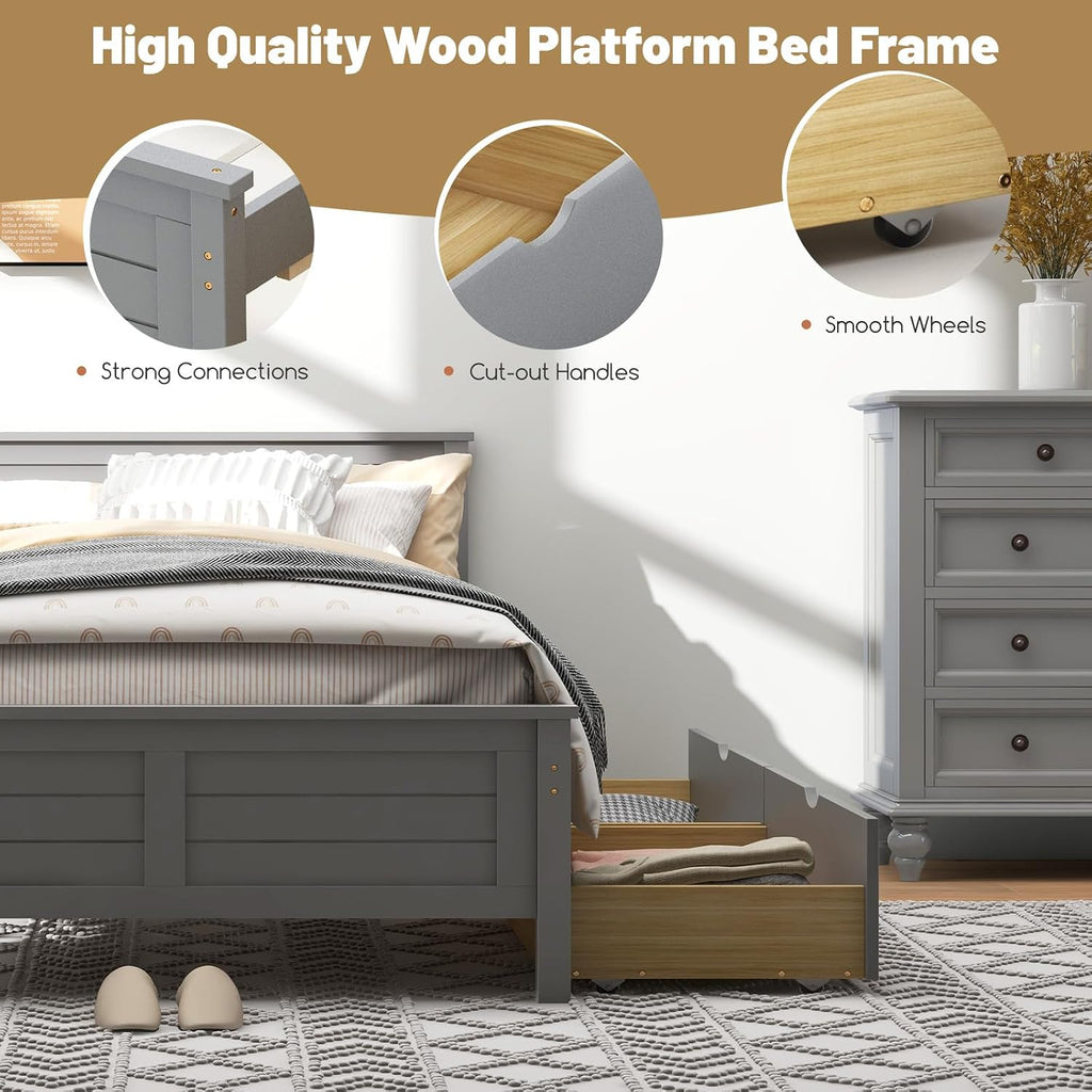 GOFLAME Full Size Bed Frame with 2 Drawers, Platform Bed with Solid Wood Headboard & Footboard, Wood Slats Support Mattress Foundation, Under Bed Storage, No Box Spring Needed, Easy Assembly, Grey