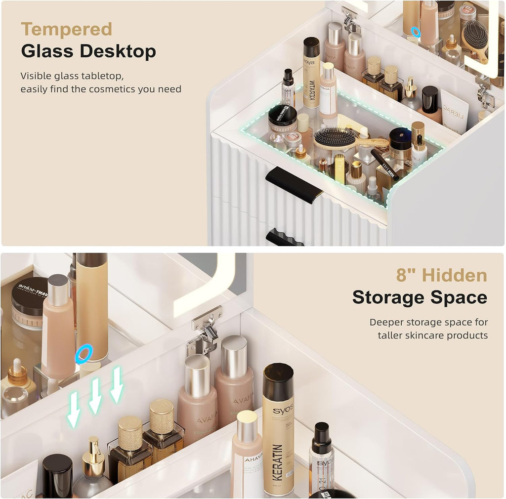 Lvifur 3 in 1 Small Vanity Desk with Plip Top Mirror,Makeup Vanity Set with Visible Glass Desktop,Compact Vanity with 3 Drawers,Storage Compartment and Padded Stool,Dressing Table for Bedroom,White