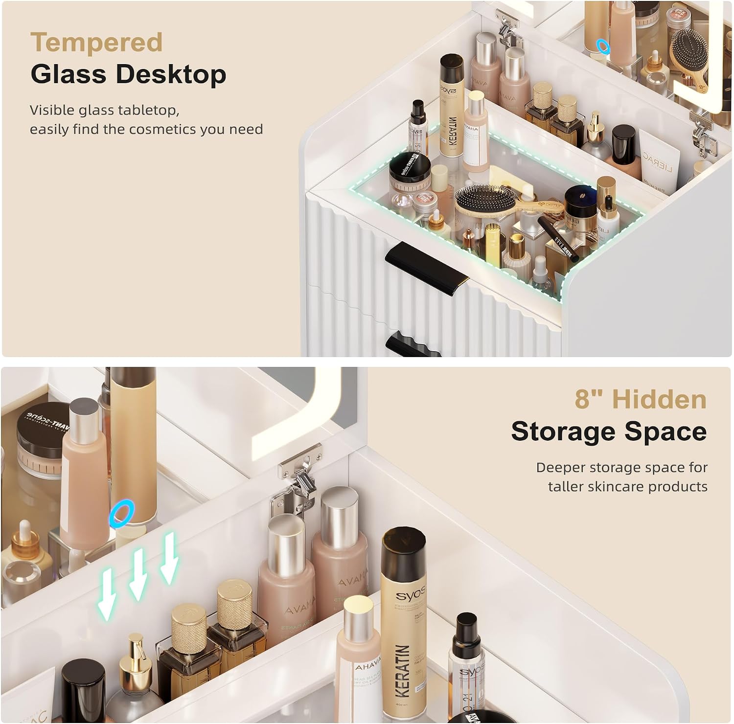 Lvifur 3 in 1 Small Vanity Desk with Plip Top Mirror,Makeup Vanity Set with Visible Glass Desktop,Compact Vanity with 3 Drawers,Storage Compartment and Padded Stool,Dressing Table for Bedroom,White