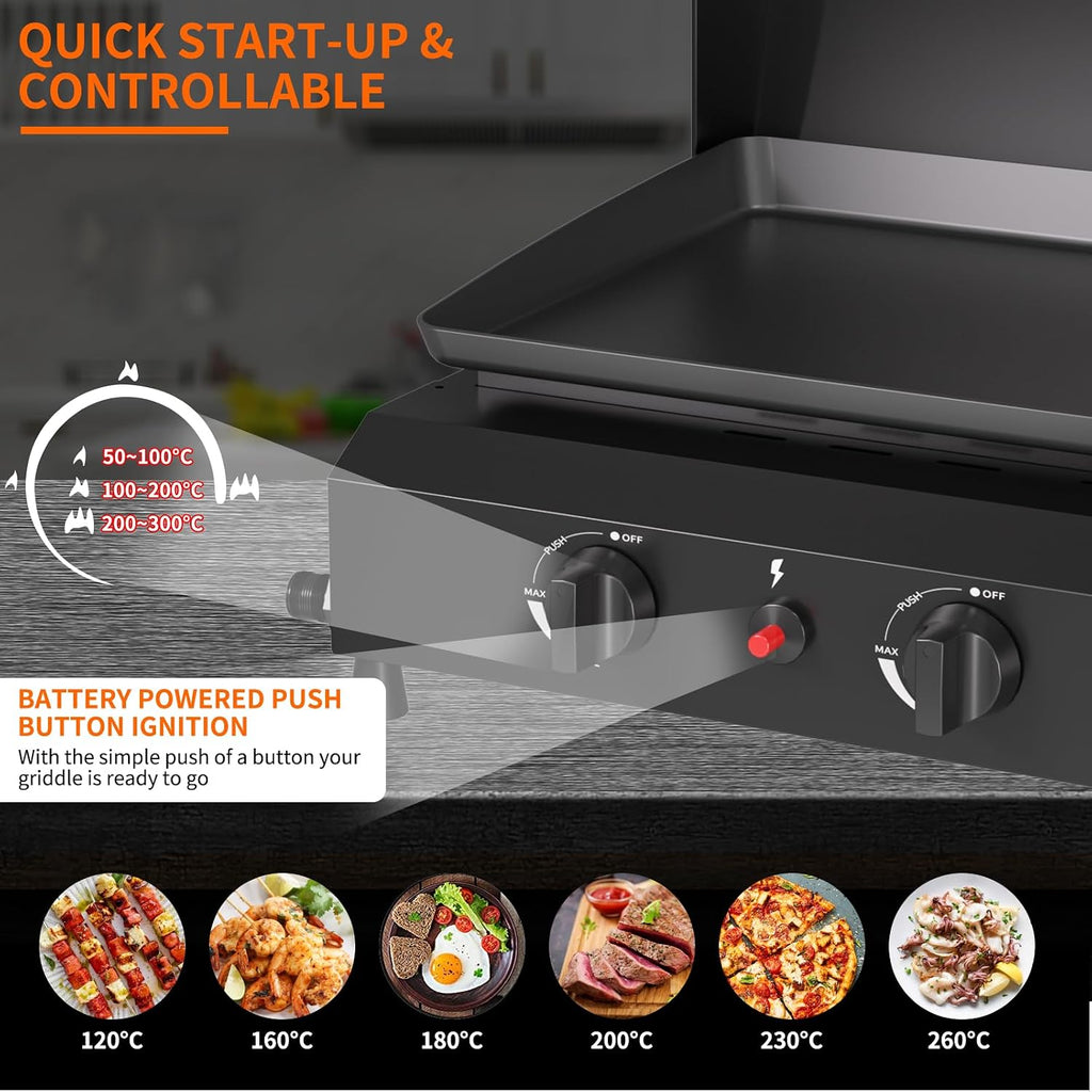 SKOK 2 Burner Gas Griddle with Hood- 17 Inch Outdoor Propane Griddle-30000 BTU Propane Fuelled, Portable Flat Top Gas Grill Camping Griddle with Lid for Kitchen, Outdoor BBQ