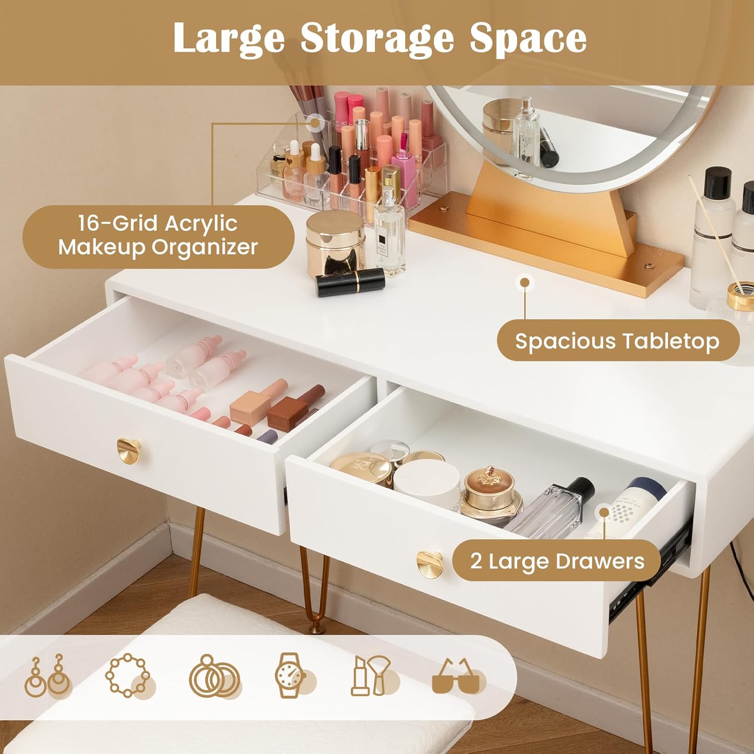 CHARMAID Makeup Vanity Table with Lighted Mirror, Vanity Desk with 2 Large Drawers, Adjustable 3 Lighting Modes, Modern Girls Bedroom Vanity Table with Chair for Small Spaces, White & Gold